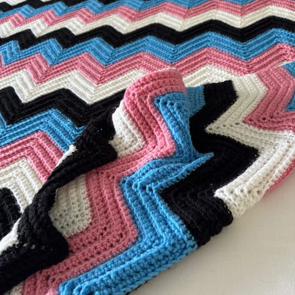 Handmade Crochet Afghan Blanket Chevron Ripple Pink Blue Black 80x132 Throw XL